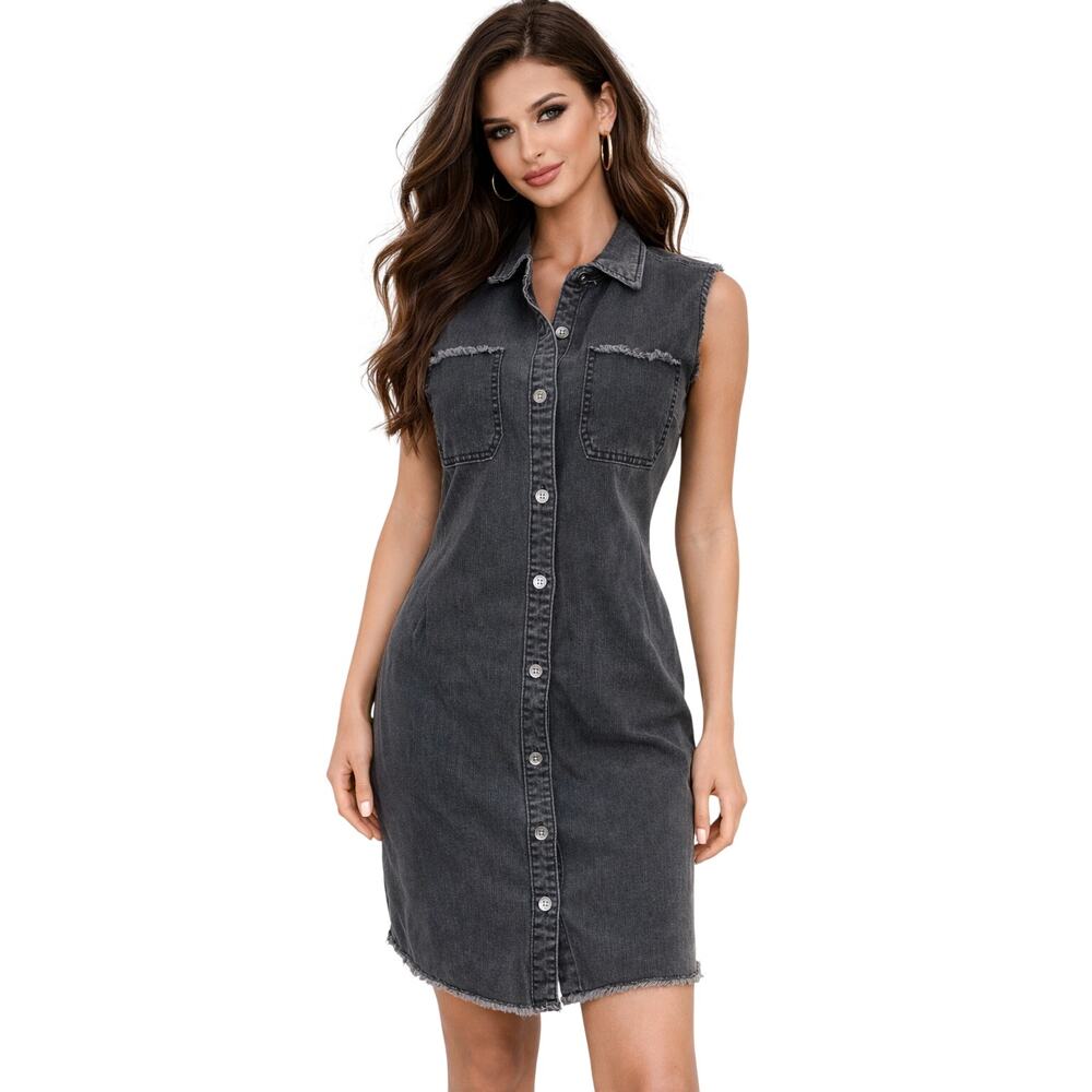 Style & Co Denim Shirt Dress Womens 12 Charcoal Button Front Frayed Hem